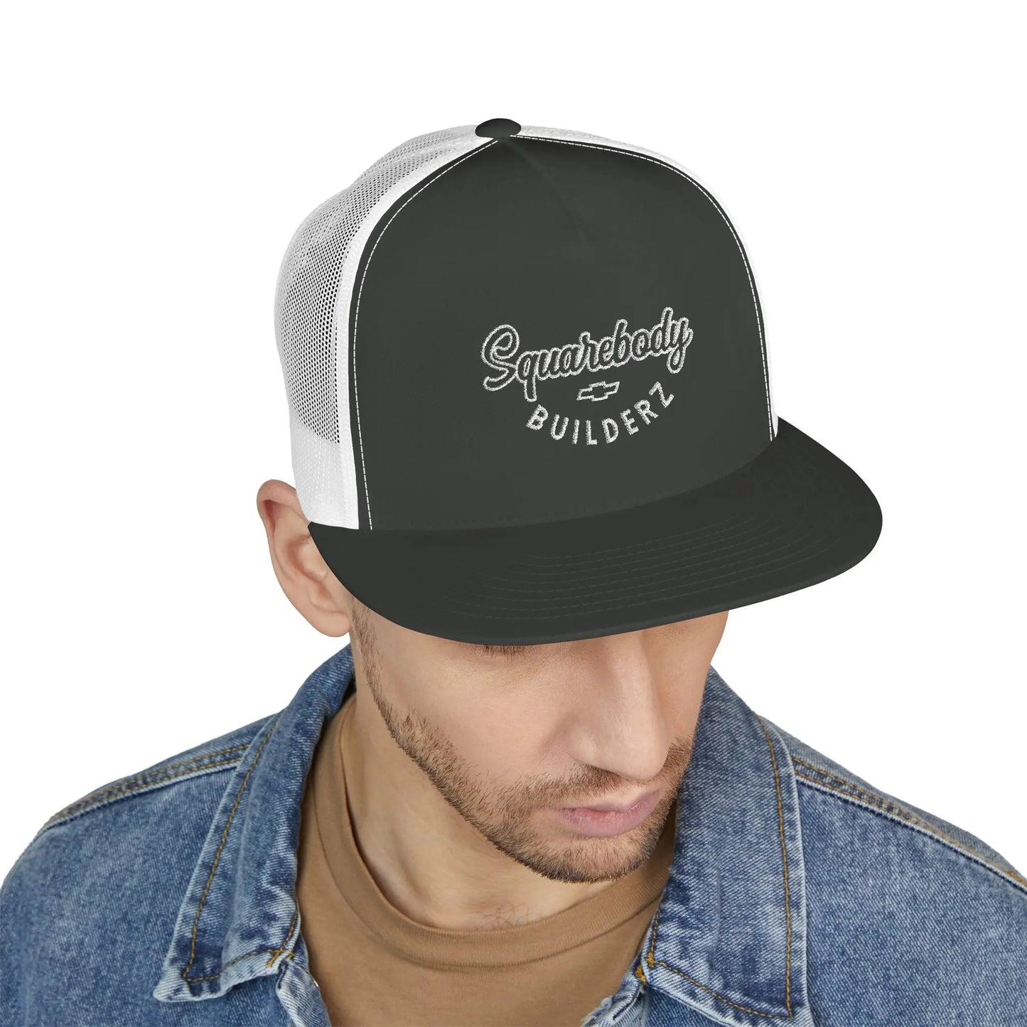 Squarebody Builderz embroidered logo flatbill mesh snapbacks Printify
