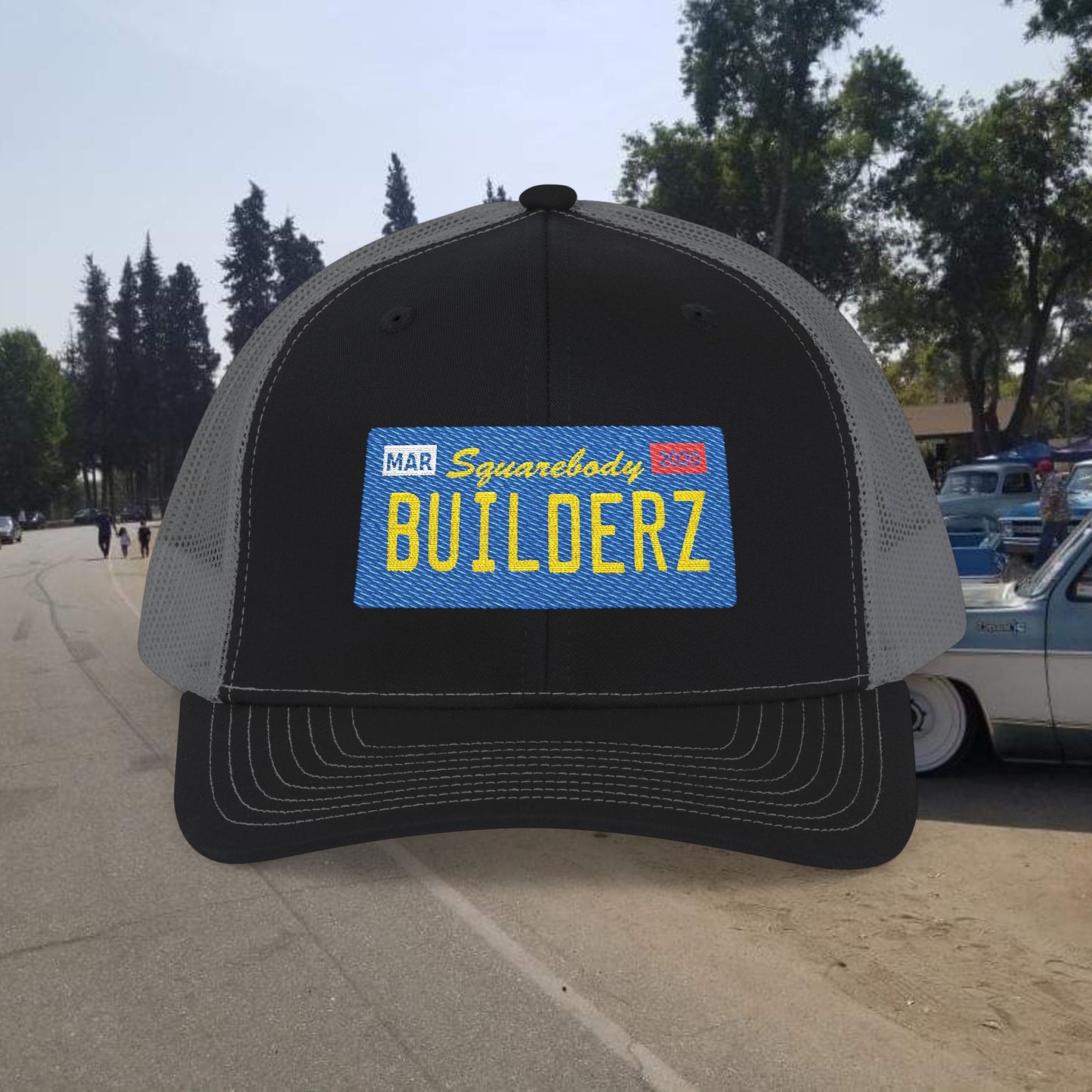 Squarebody Builderz license plate snapback hat ROUND BILL - Embroidered Cap for Car Enthusiasts