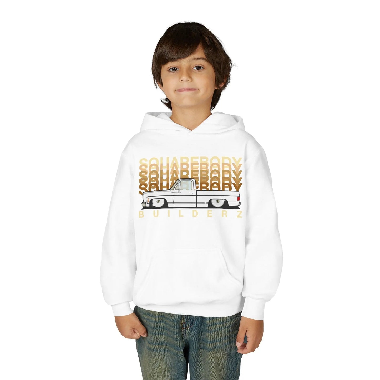 " C10 Faded series " White / Gold Squarebody  Vintage Truck Youth Hoodie - Casual Style for Car Lovers Printify
