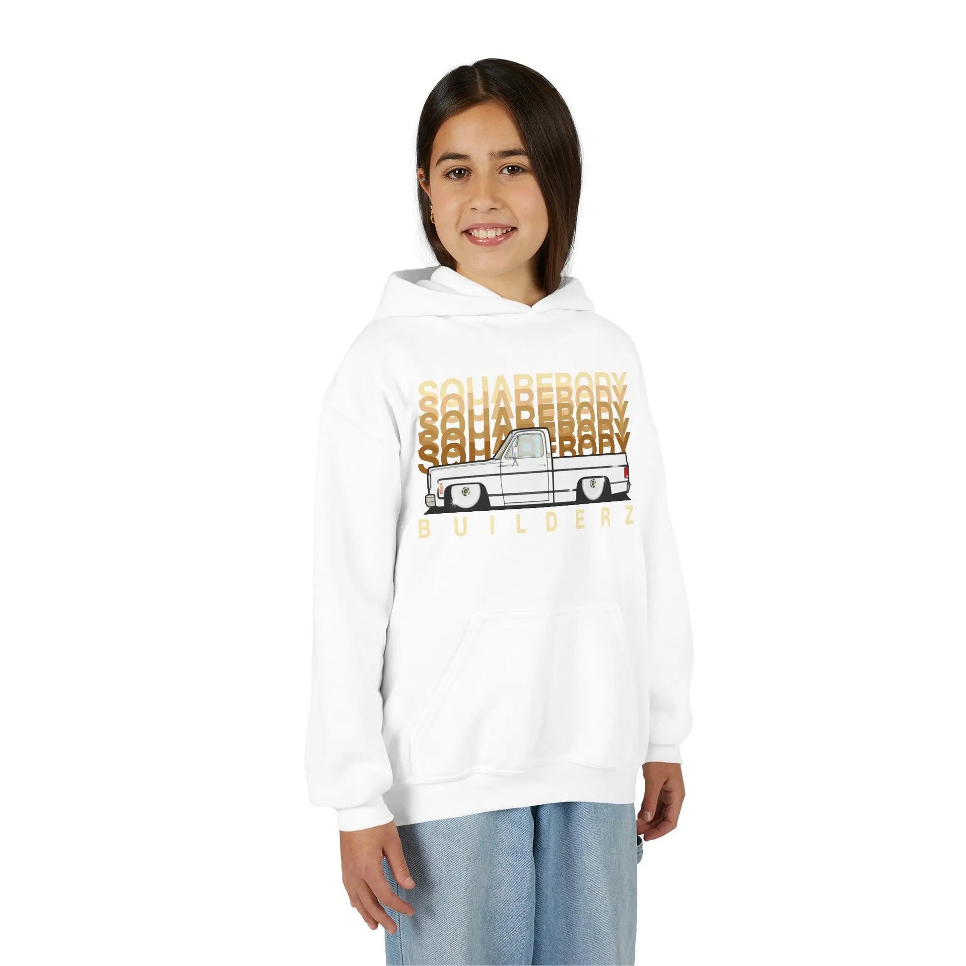 " C10 Faded series " White / Gold Squarebody  Vintage Truck Youth Hoodie - Casual Style for Car Lovers Printify