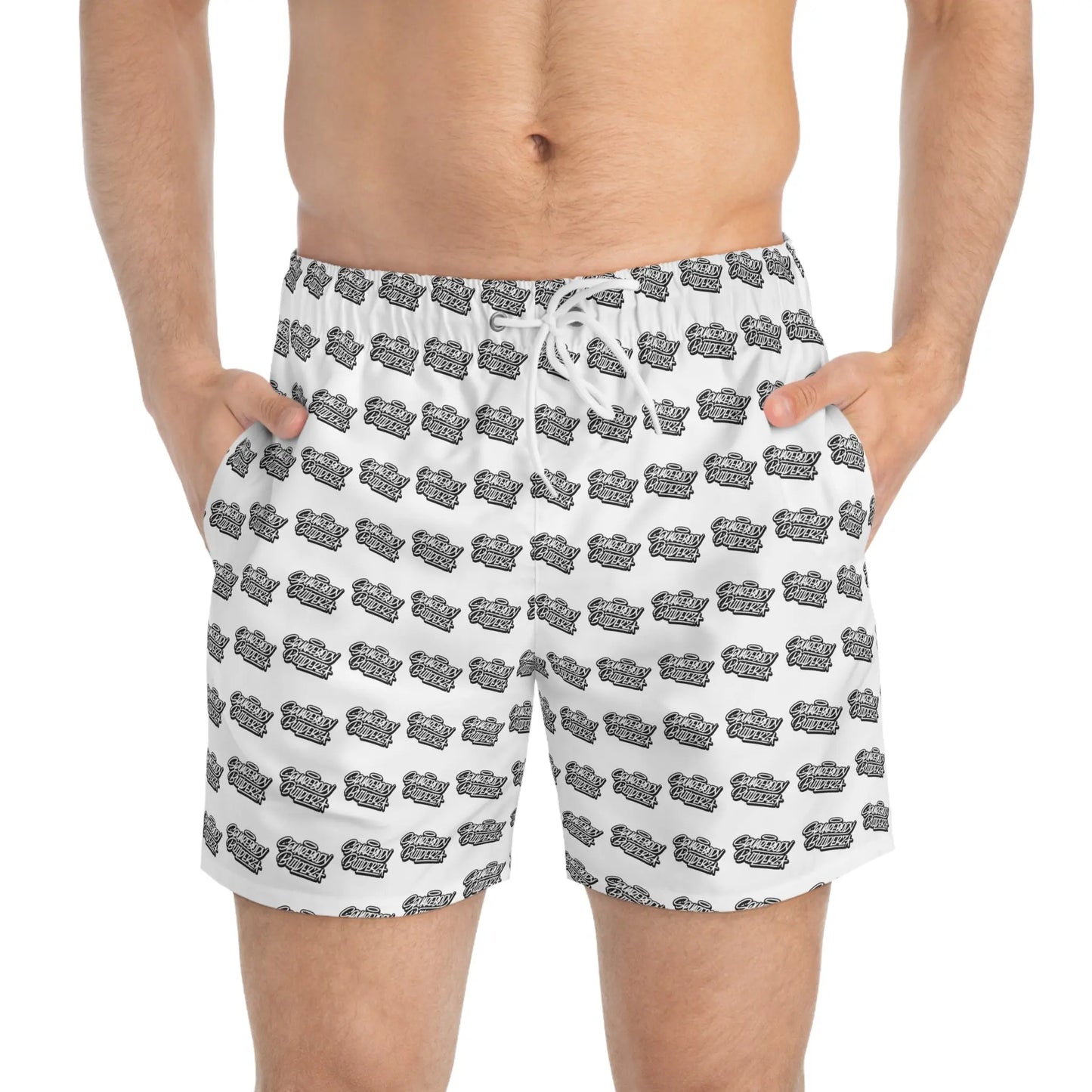 " Retro Wave Swim Trunks"  - Squarebody Builderz logo beach short MID length Printify
