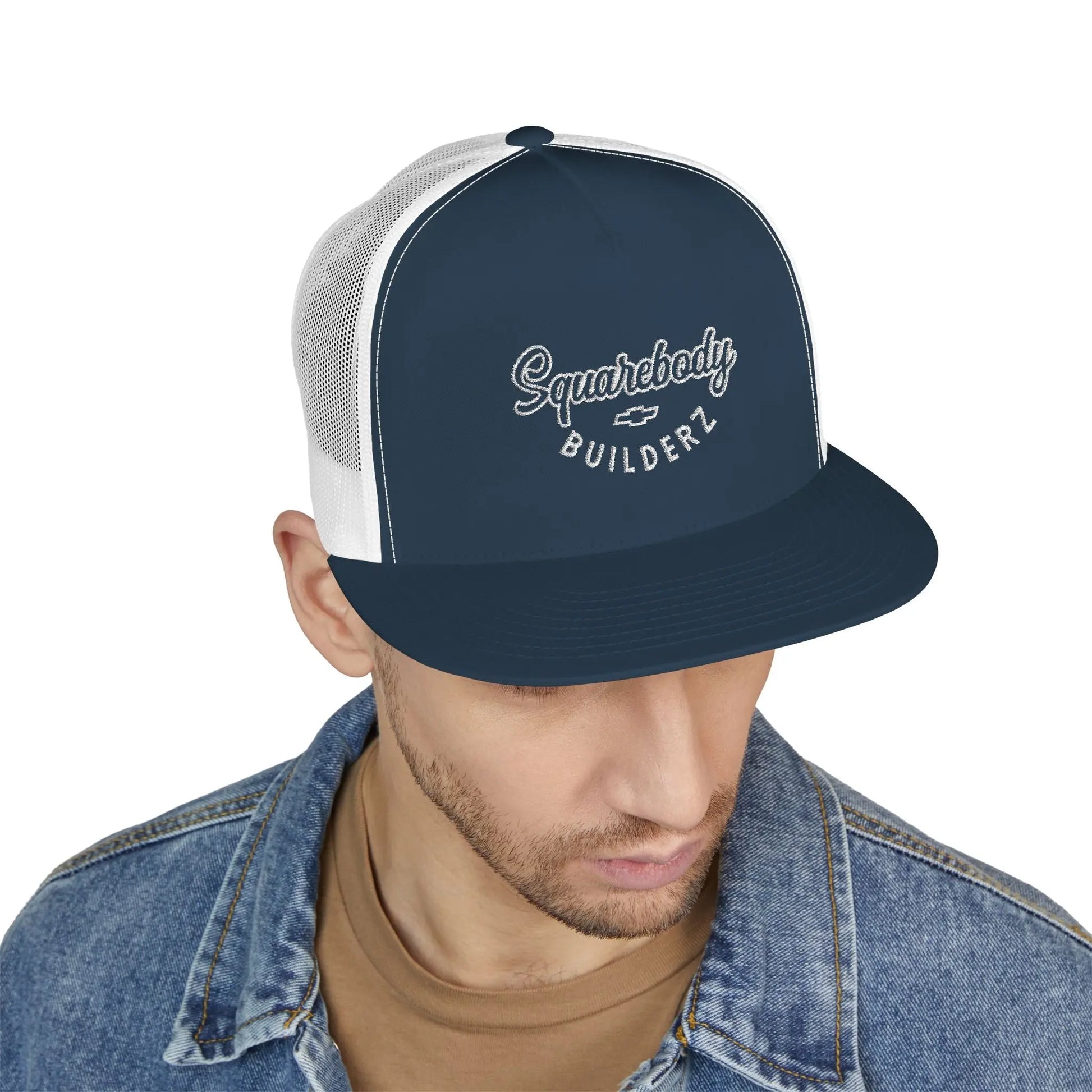 Squarebody Builderz embroidered logo flatbill mesh snapbacks Printify