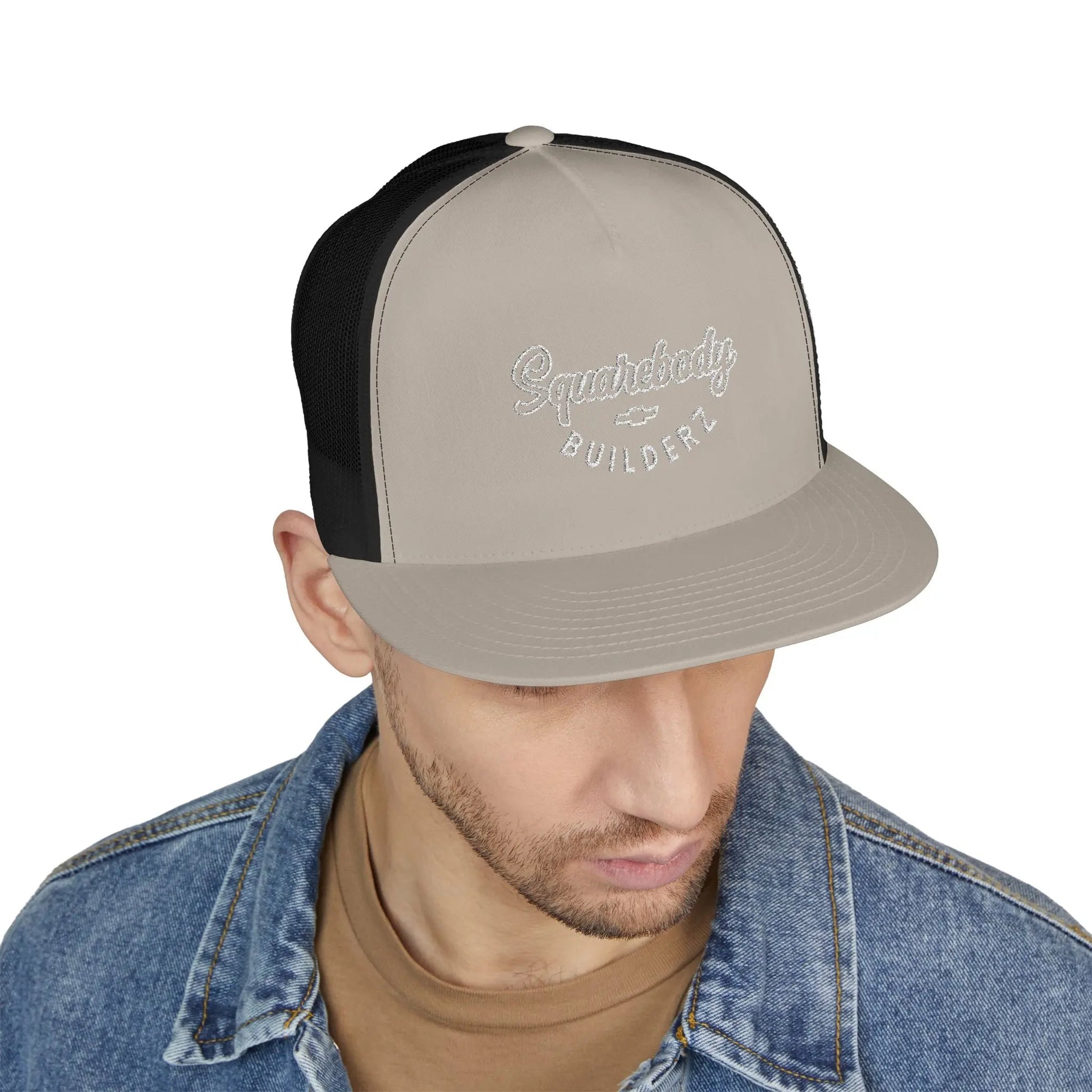 Squarebody Builderz embroidered logo flatbill mesh snapbacks Printify