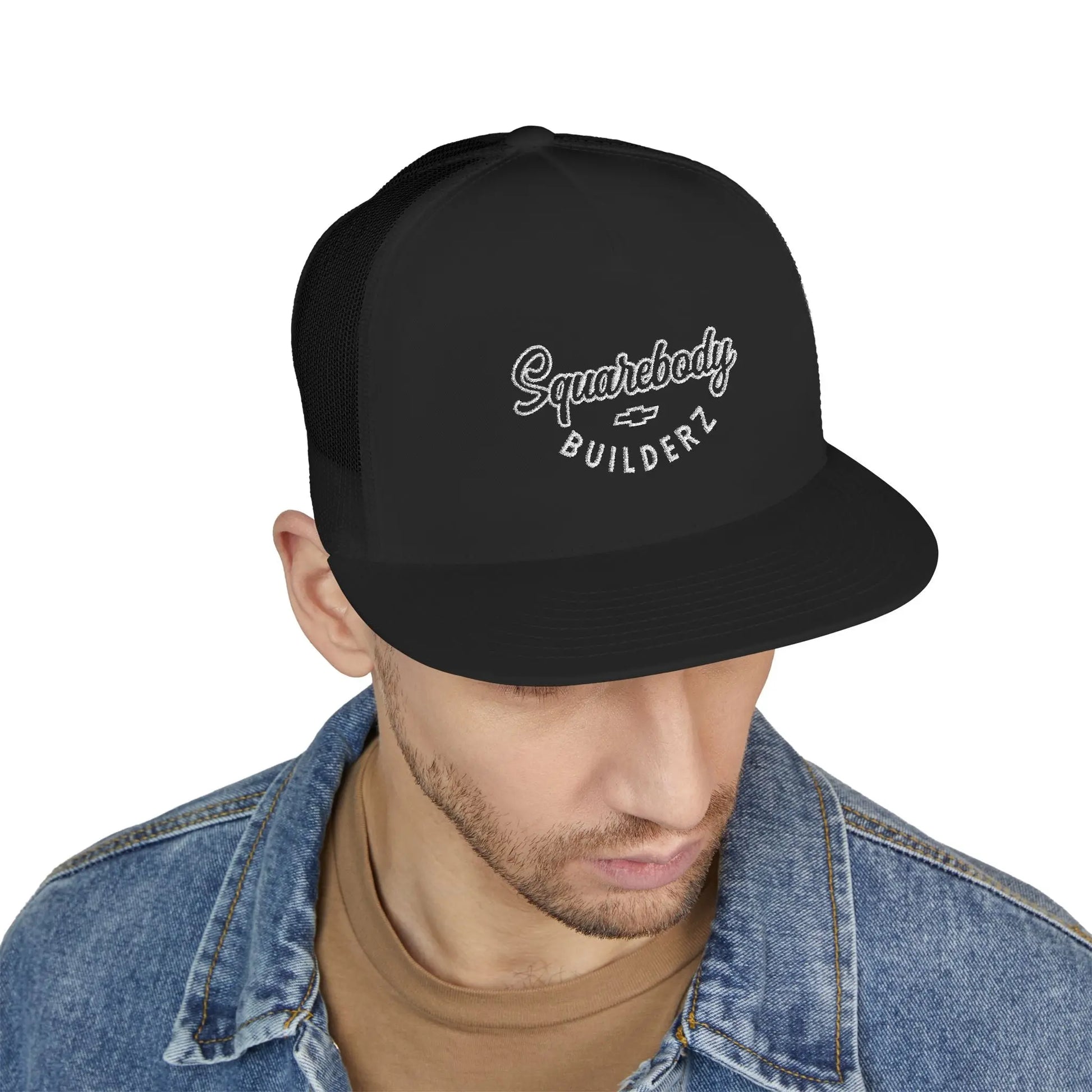 Squarebody Builderz embroidered logo flatbill mesh snapbacks Printify