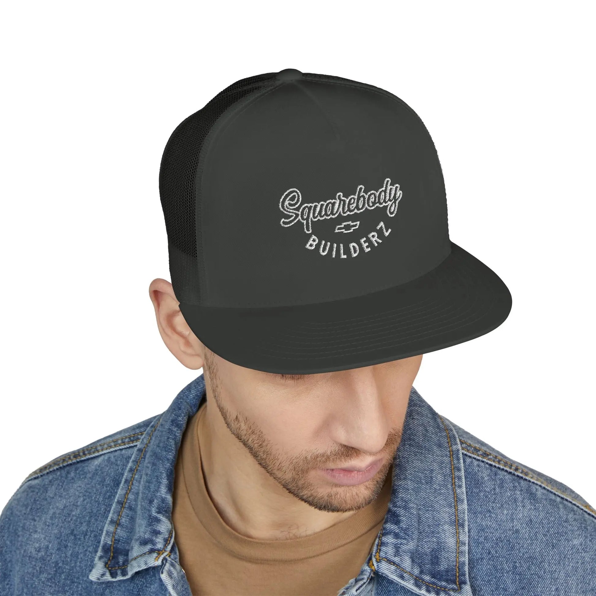 Squarebody Builderz embroidered logo flatbill mesh snapbacks Printify