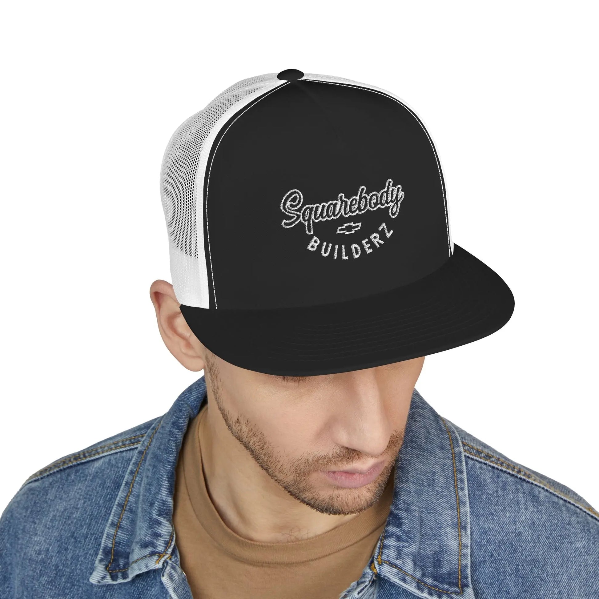 Squarebody Builderz embroidered logo flatbill mesh snapbacks Printify