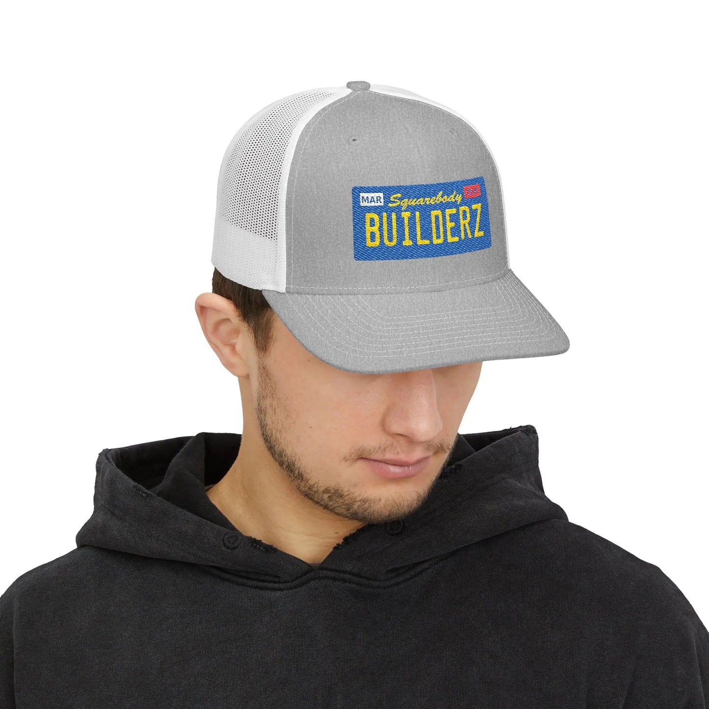 Squarebody Builderz license plate snapback hat ROUND BILL - Embroidered Cap for Car Enthusiasts Printify