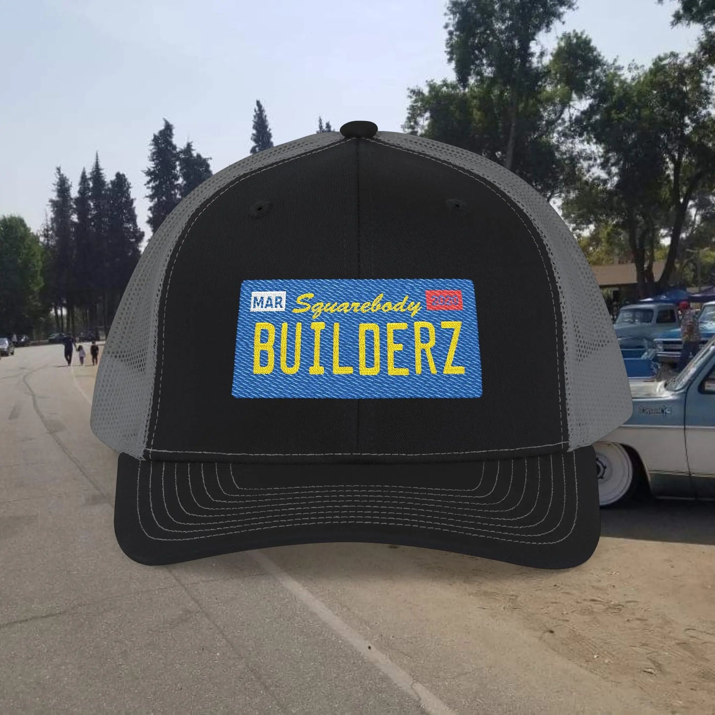 Squarebody Builderz license plate snapback hat ROUND BILL - Embroidered Cap for Car Enthusiasts Printify