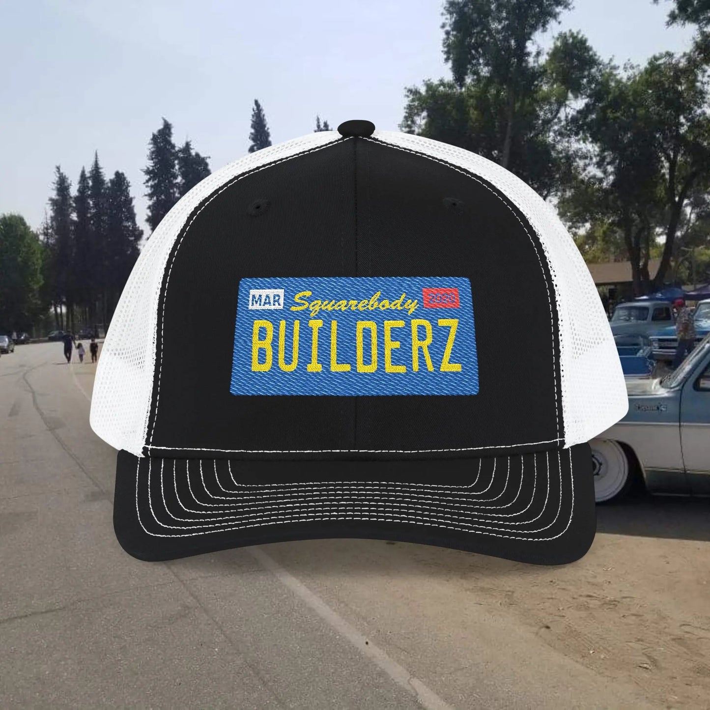 Squarebody Builderz license plate snapback hat ROUND BILL - Embroidered Cap for Car Enthusiasts Printify