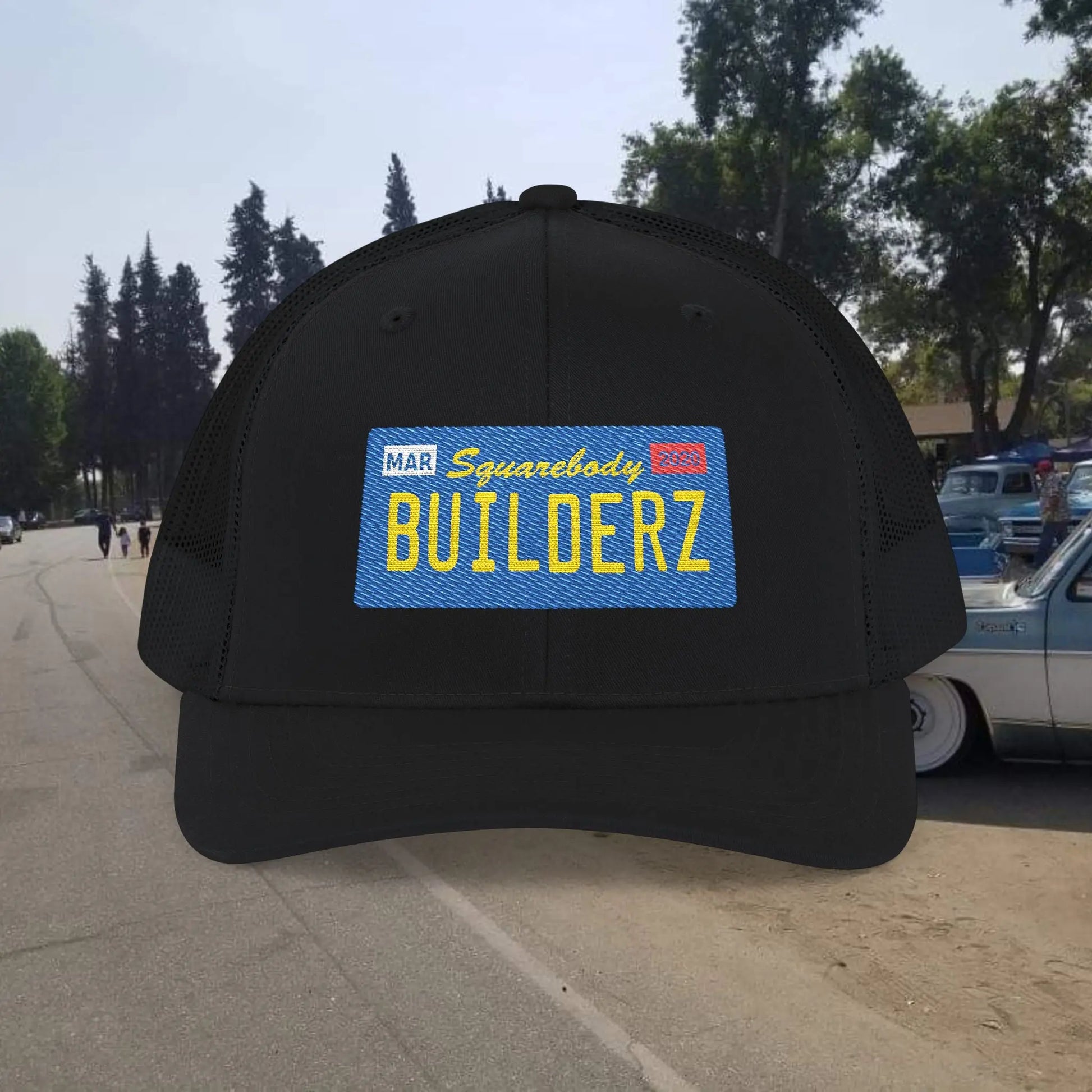 Squarebody Builderz license plate snapback hat ROUND BILL - Embroidered Cap for Car Enthusiasts Printify