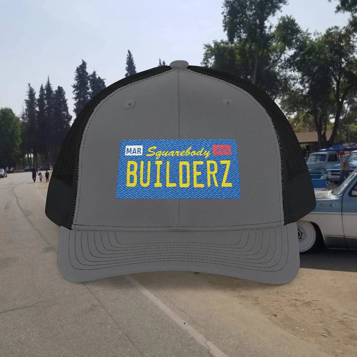 Squarebody Builderz license plate snapback hat ROUND BILL - Embroidered Cap for Car Enthusiasts Printify