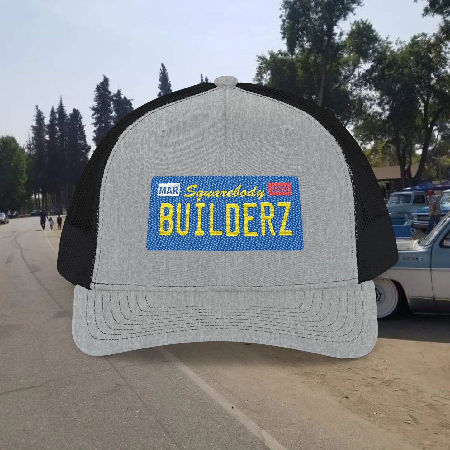 Squarebody Builderz license plate snapback hat ROUND BILL - Embroidered Cap for Car Enthusiasts Printify