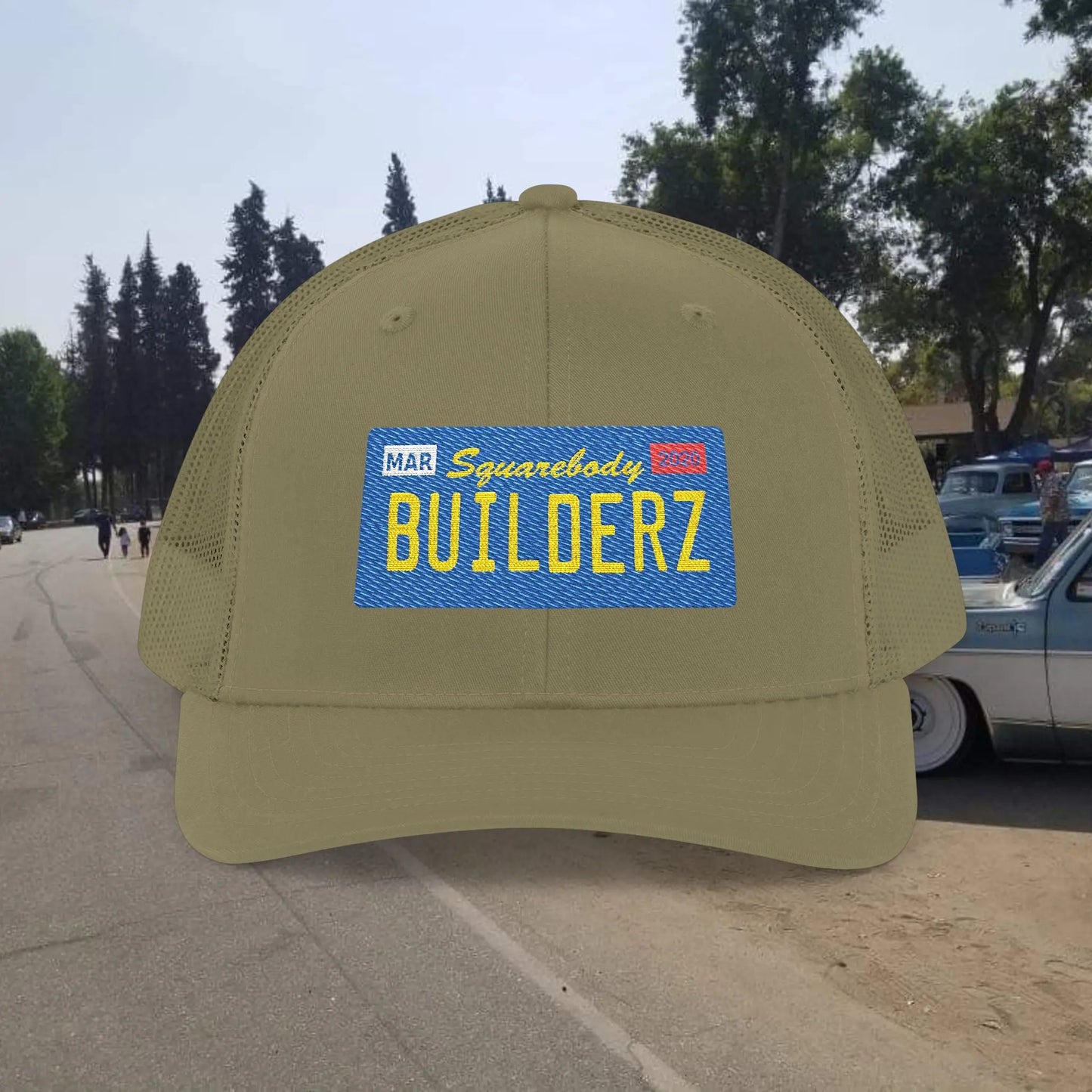 Squarebody Builderz license plate snapback hat ROUND BILL - Embroidered Cap for Car Enthusiasts Printify