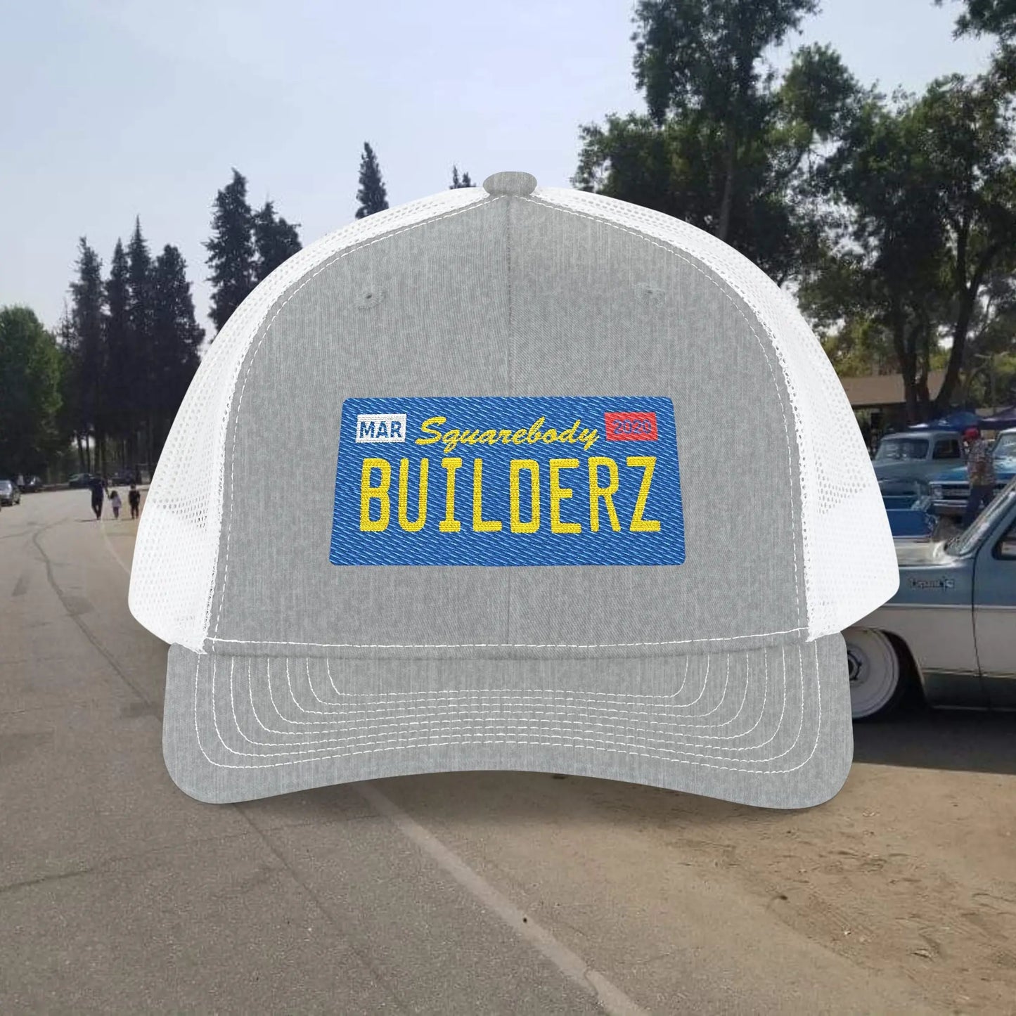 Squarebody Builderz license plate snapback hat ROUND BILL - Embroidered Cap for Car Enthusiasts Printify