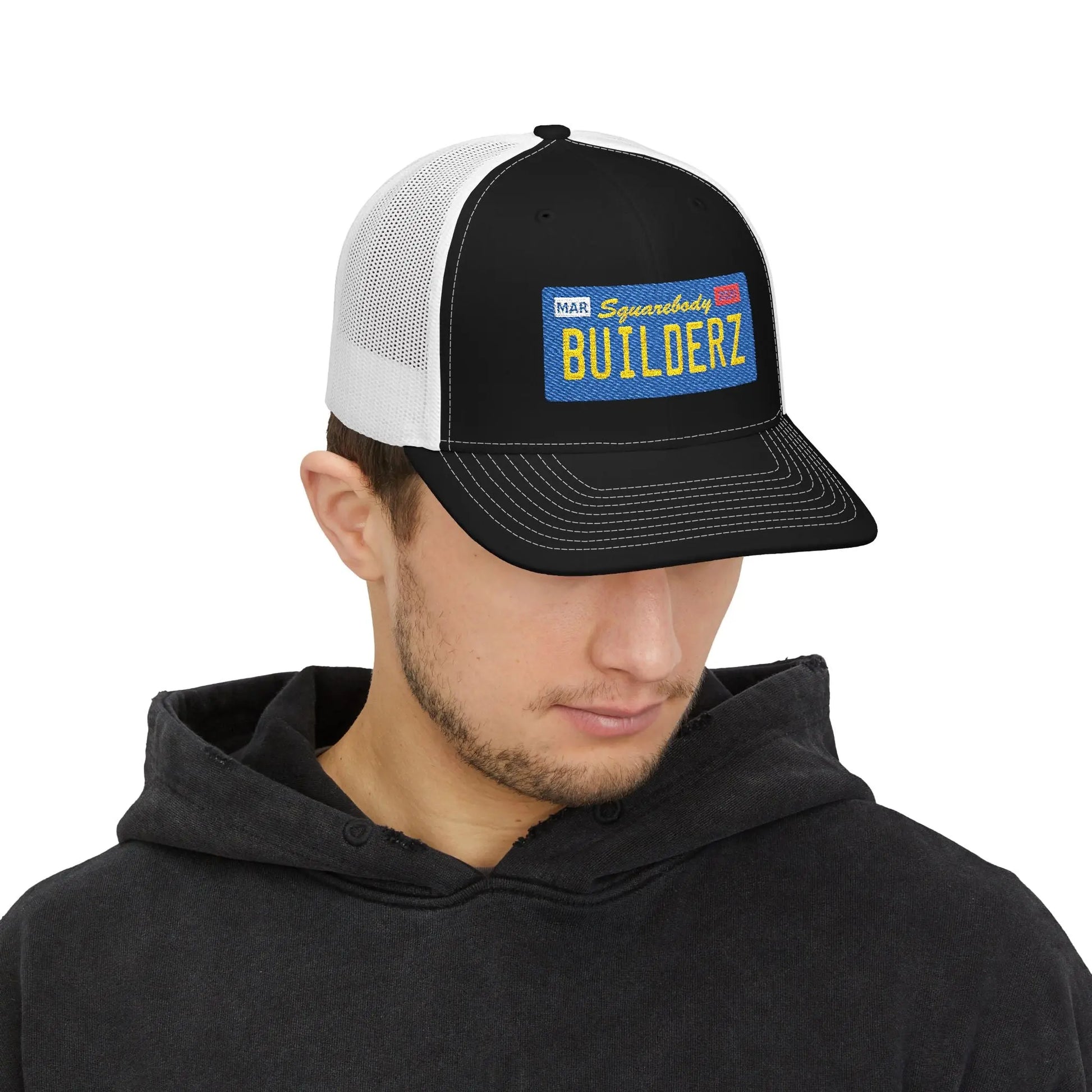 Squarebody Builderz license plate snapback hat ROUND BILL - Embroidered Cap for Car Enthusiasts Printify