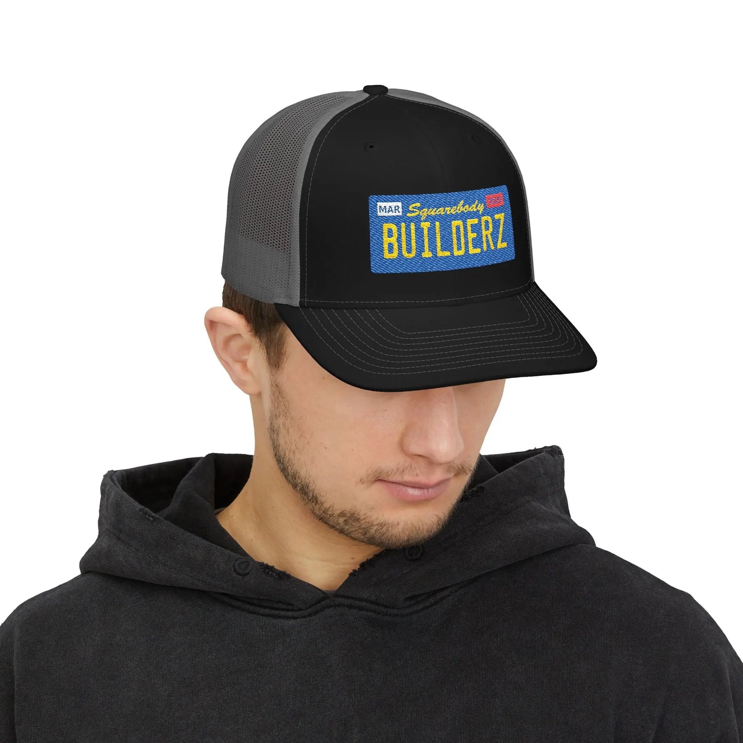 Squarebody Builderz license plate snapback hat ROUND BILL - Embroidered Cap for Car Enthusiasts Printify