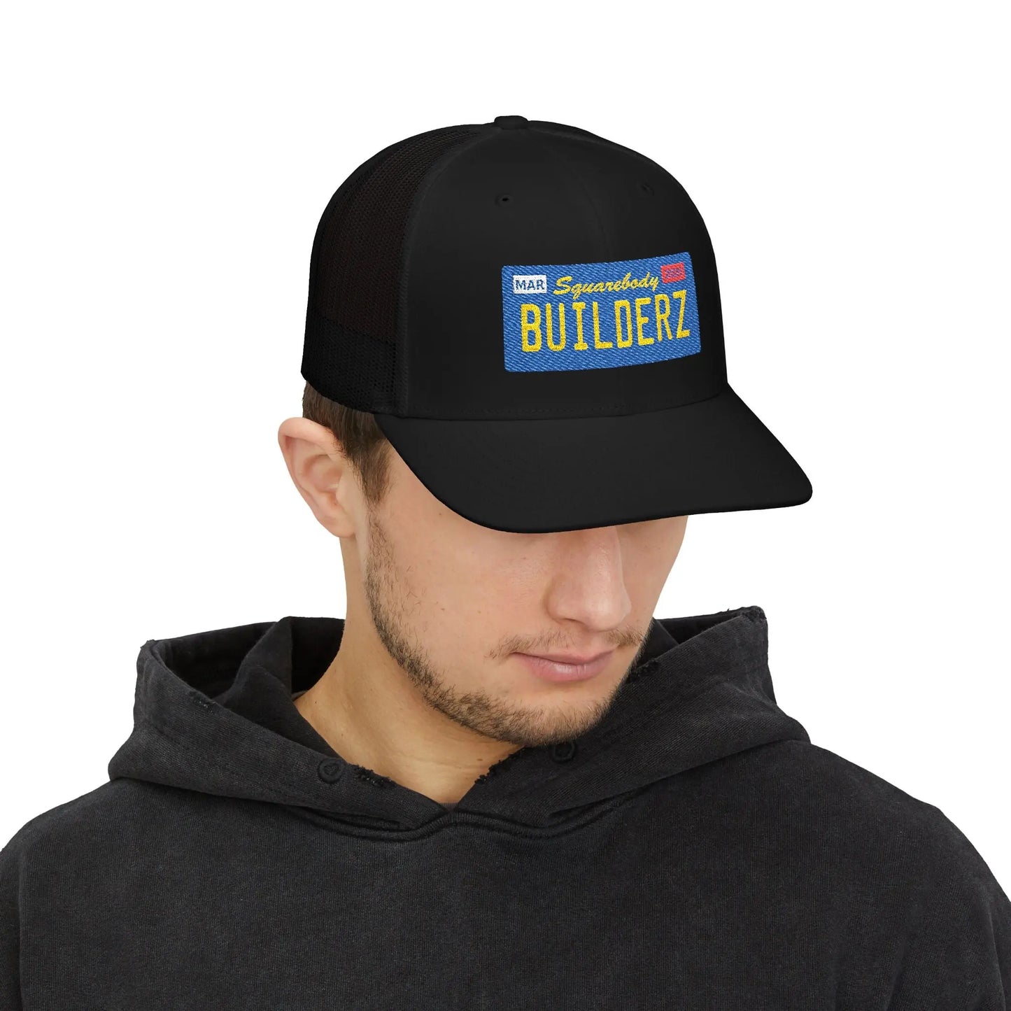 Squarebody Builderz license plate snapback hat ROUND BILL - Embroidered Cap for Car Enthusiasts Printify