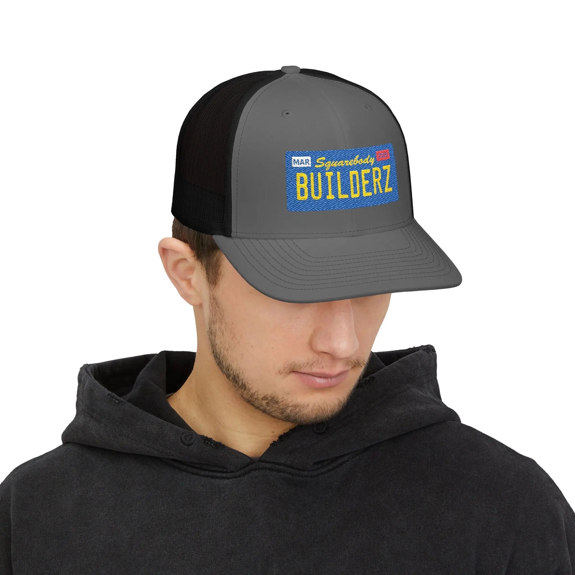 Squarebody Builderz license plate snapback hat ROUND BILL - Embroidered Cap for Car Enthusiasts Printify