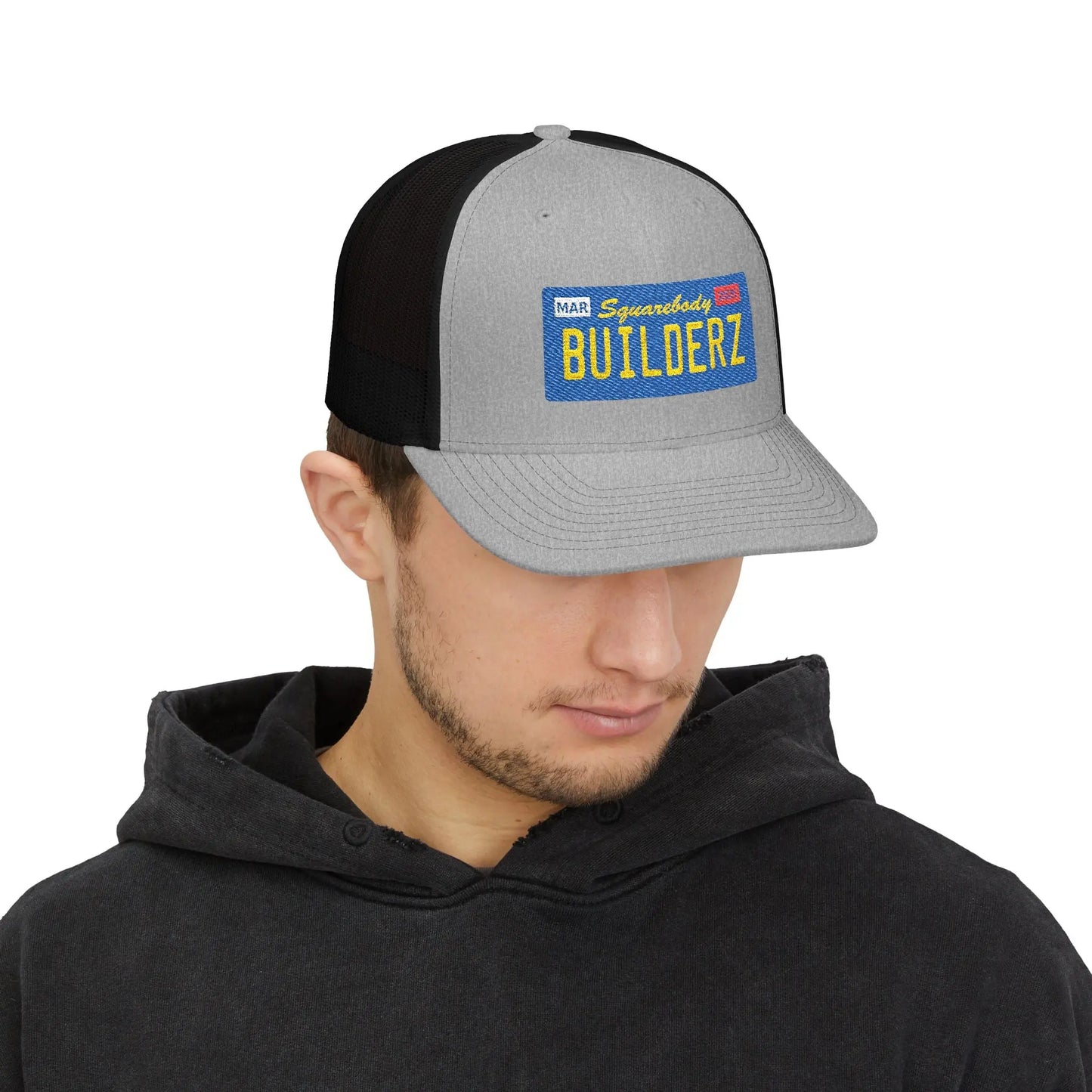 Squarebody Builderz license plate snapback hat ROUND BILL - Embroidered Cap for Car Enthusiasts Printify
