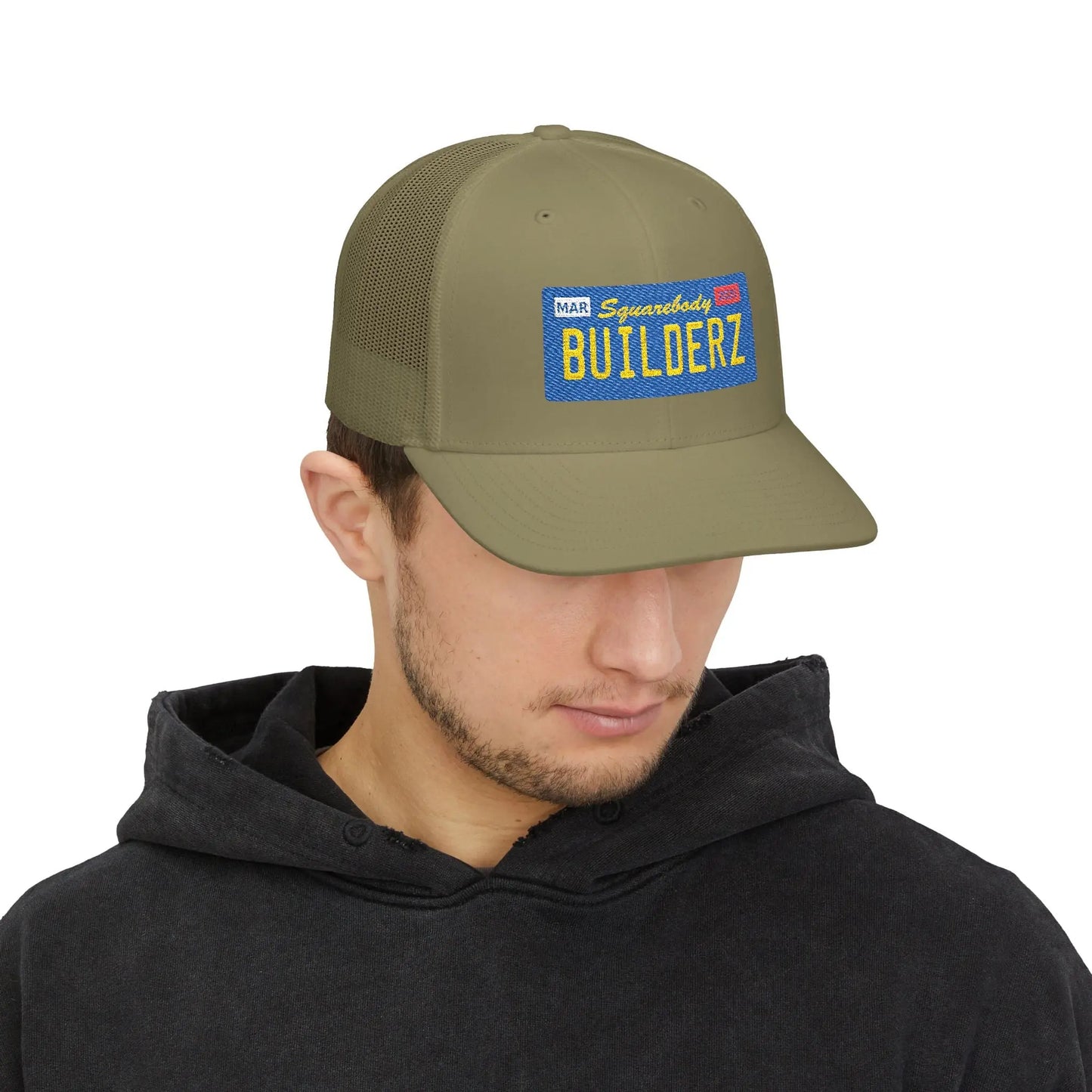 Squarebody Builderz license plate snapback hat ROUND BILL - Embroidered Cap for Car Enthusiasts Printify