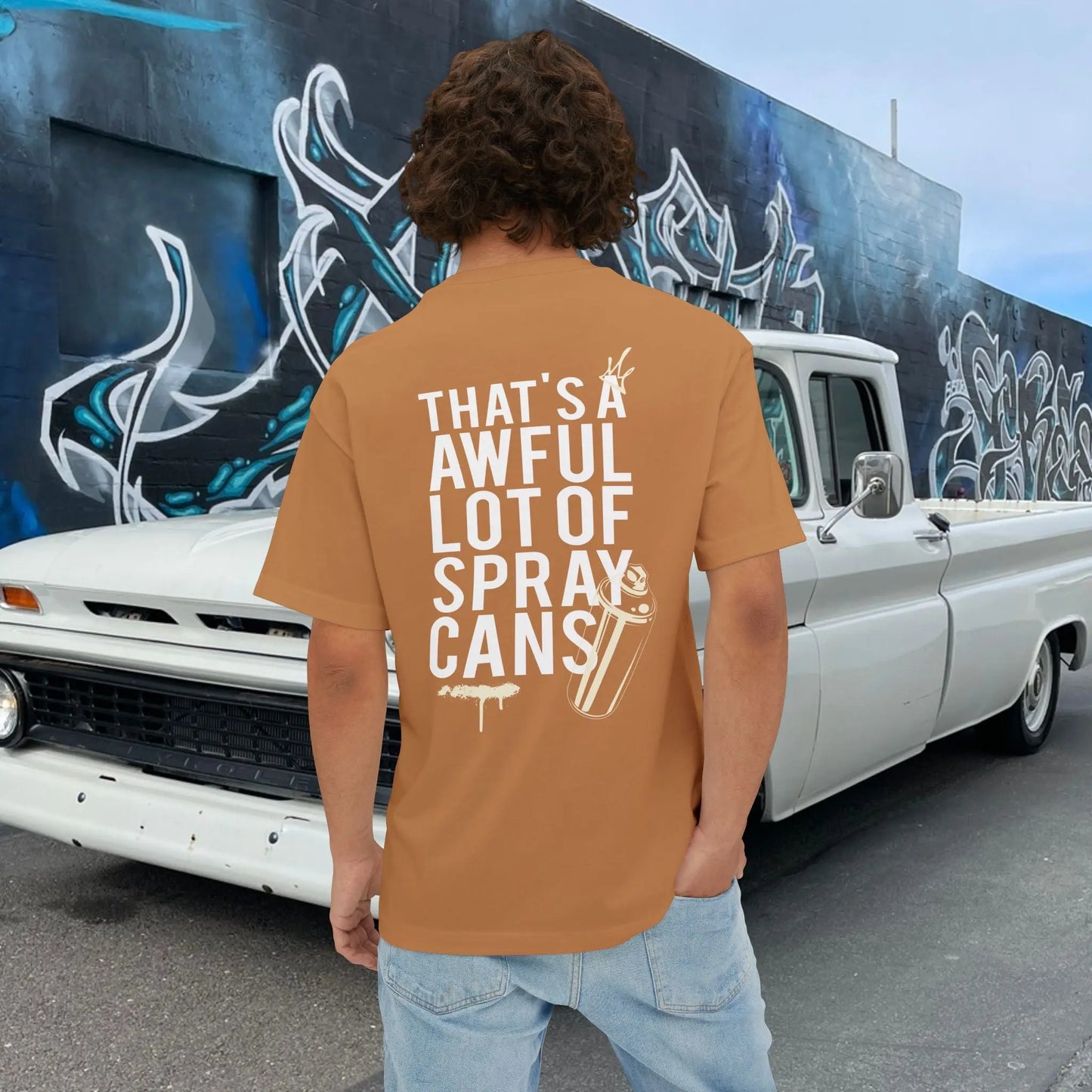 "That's a Awful Lot of Spray Cans" Oversized Tee Graffiti Quote T‑Shirt Printify