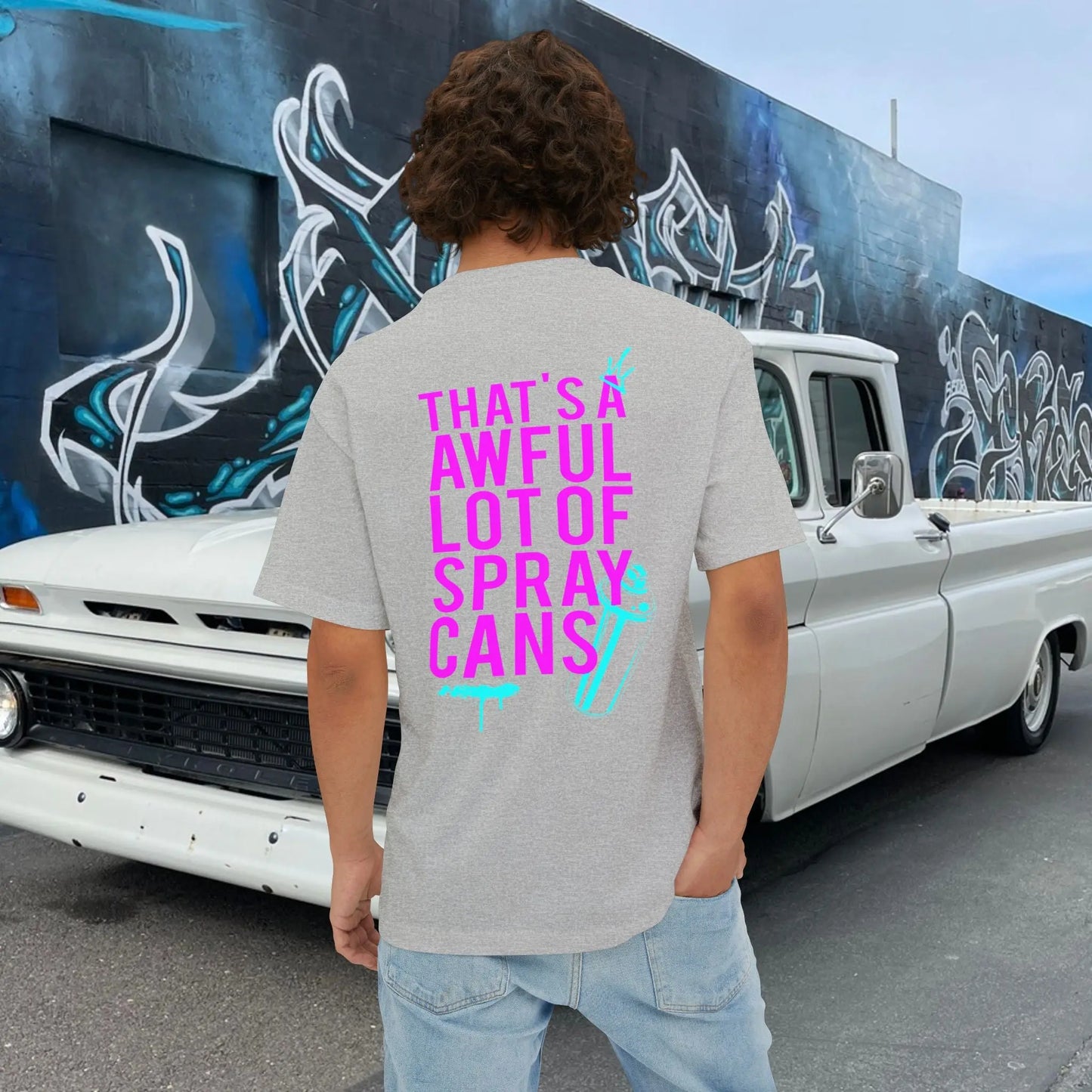 "That's a Awful Lot of Spray Cans" Oversized Tee Graffiti Quote T‑Shirt Printify